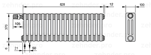 Схема (чертеж) Радиатор Zehnder Charleston 3037/18 №V001 Белый глянцевый RAL 9016